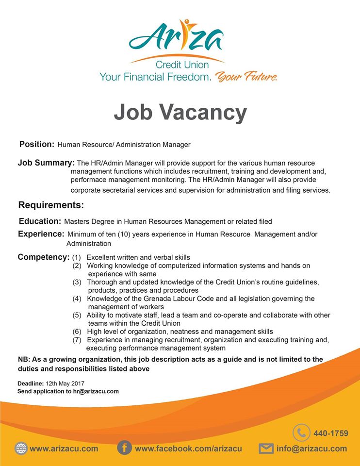 Job Vacancy – HR Administration Manager - Ariza Credit Union