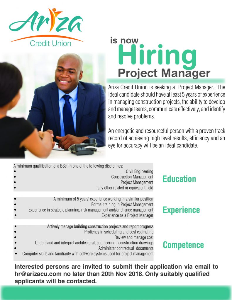 Job Vacancy – Project Manager – Ariza Credit Union